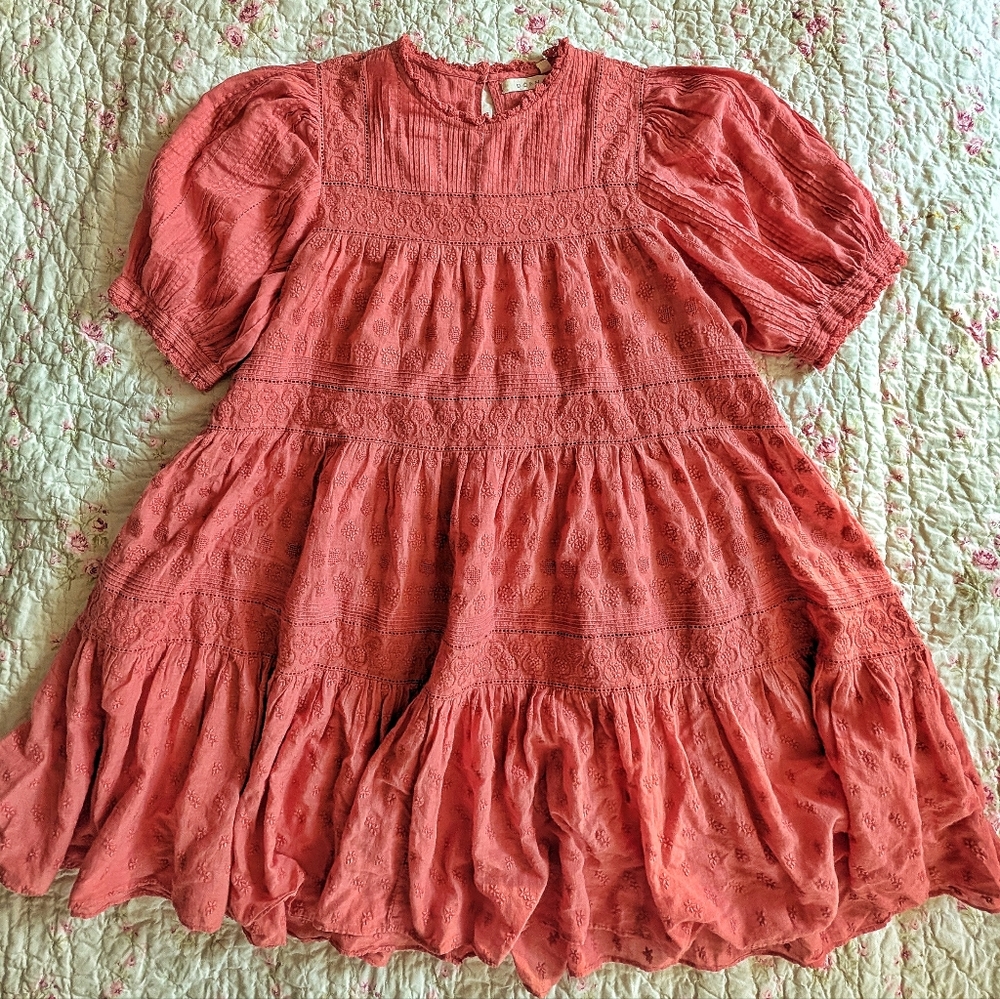 Doen Puff Sleeve Smock Dress in Coral Pink